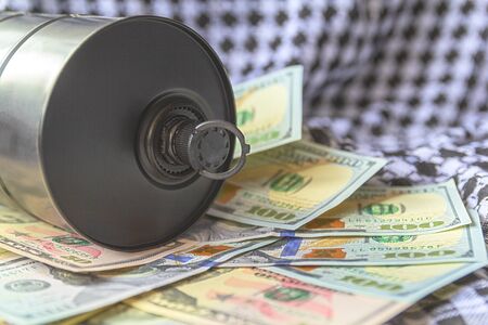 Business dialogue, oil agreement concept. Selective focus. Artwork decoration.War on oil market.Sale...