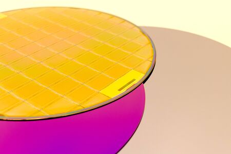 Silicon Wafers three types -empty grey wafer,purple wafer with SiO film and gold wafes with microchips.Several pieces of wafers with microchips.Rainbow on silicon wafers.Color silicon wafers with glare.