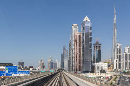 Dubai, United Arab Emirates - March 10th 2019: Dubai Metro. A view of the city from the subway...