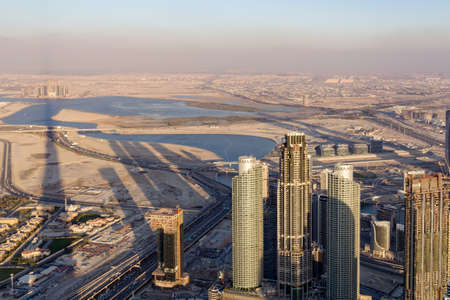 Dubai, United Arab Emirates - March 10th 2019 : Panorama and aerial view of downtown Dubai in a...