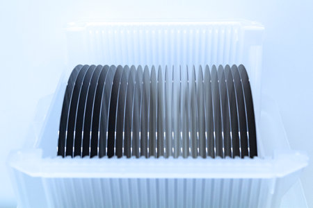 Empty silicon wafers gray color storage in plastic box, prepared for microchip production