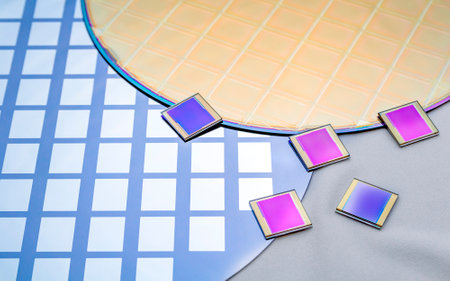 Several silicon wafers with printed circuit and separate microchips.の写真素材
