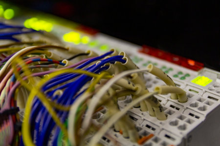 Terminal of control cable and wire duct.Terminal block. Industrial power case.