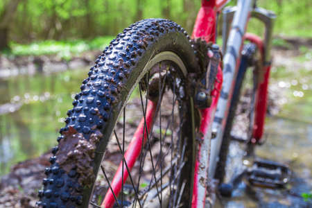 close-up of dirty wheels and the bottom of a bicycle on forest trails. View from bike wheel in puddle of muddの写真素材