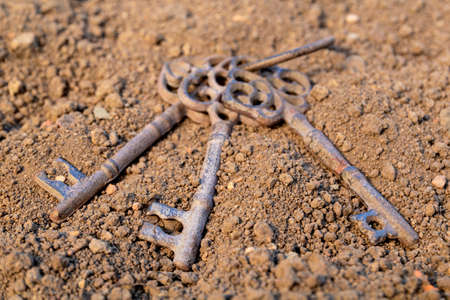 Three old antique metal keys on a rusty ground of brown colorの写真素材