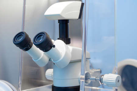 Stereo microscope in the laboratory, close up eyepieces, ocular