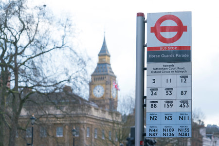 London Bus Stop Horse Guards Parade LONDON, ENGLAND - FEBRUARY 22, 2016のeditorial素材