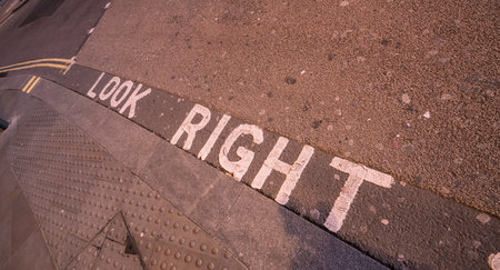 Look right writing on the street LONDON, ENGLAND - FEBRUARY 22, 2016のeditorial素材