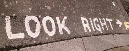 Look right writing on the streetの写真素材