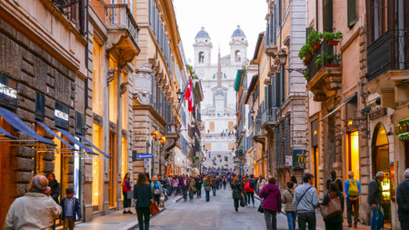 ROME / ITALY - NOVEMBER 6, 2016 - Very exclusive shopping street with luxury brands at Spanish Square in Romeのeditorial素材