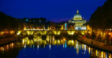 Beautiful Rome and Vatican by night - view from River Tiberのeditorial素材