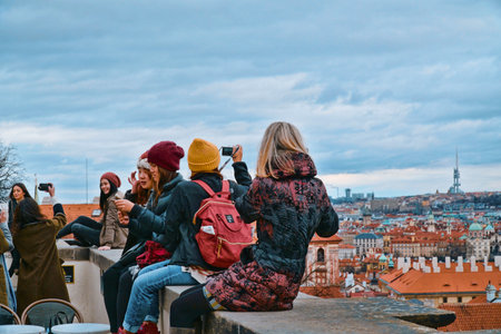 Enjoying the great overlook over Prague from the castle - PRAGUE / CZECH REPUBLIC - MARCH 20, 2017のeditorial素材