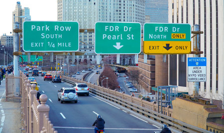 Direction signs in Manhattan on FDR Drive- MANHATTAN / NEW YORK - APRIL 1, 2017
