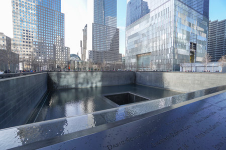 9/11 Memorial Fountains at Ground Zero - World Trade Center- MANHATTAN / NEW YORK - APRIL 1, 2017