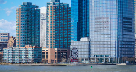 Downtown Manhattan skyscrapers - view from Liberty Island- MANHATTAN / NEW YORK - APRIL 1, 2017のeditorial素材