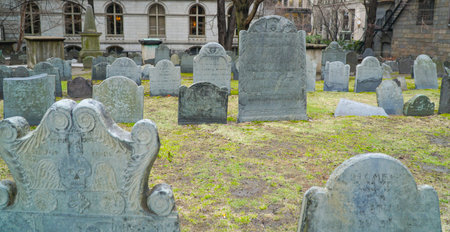 Graves at Kings Chapel Burying Ground in Boston Downtown - BOSTON , MASSACHUSETTS - APRIL 3, 2017のeditorial素材