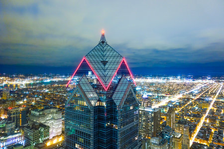 Amazing night shot of Philadelphia with Two Liberty Building - aerial view - PHILADELPHIA - PENNSYLVANIA - APRIL 7, 2017のeditorial素材