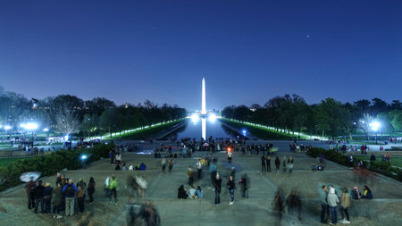 The Reflecting Pool in Washington by night - view from Lincoln Memorial - WASHINGTON DC - COLUMBIA - APRIL 9, 2017のeditorial素材