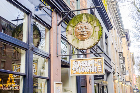 Small cafes in Vancouver Gastown district - VANCOUVER - CANADA - APRIL 12, 2017