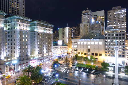 Aerial view over Union Square in San Francisco at night - SAN FRANCISCO - CALIFORNIA - APRIL 17, 2017のeditorial素材