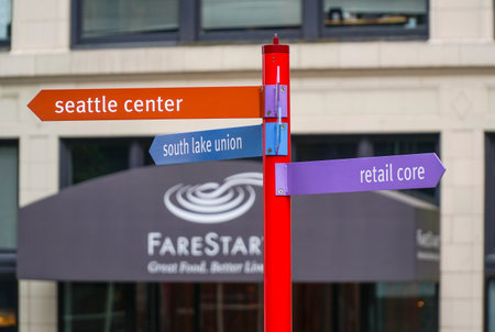 Direction Signs to Seattle Center - SEATTLE / WASHINGTON - APRIL 11, 2017のeditorial素材