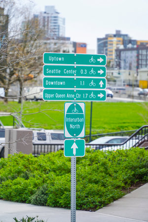 Direction signs in Seattle - SEATTLE / WASHINGTON - APRIL 11, 2017のeditorial素材