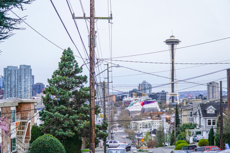 View from a hill over the city of Seattle - SEATTLE / WASHINGTON - APRIL 11, 2017のeditorial素材
