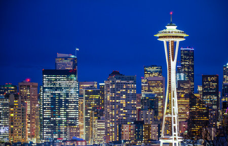 Seattle city lights at night - the skyline with Space Needle - SEATTLE / WASHINGTON - APRIL 11, 2017のeditorial素材