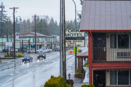 City of Forks - Main street on a rainy day - FORKS - WASHINGTONのeditorial素材