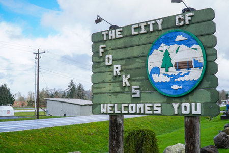 Welcome sign at the city limit of Forks - FORKS - WASHINGTONのeditorial素材