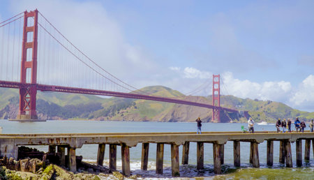 Golden Gate Bridge - view from Crissy Field in San Francisco - SAN FRANCISCO - CALIFORNIA - APRIL 18, 2017のeditorial素材