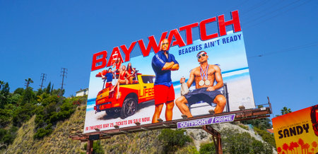 Huge billboard on Sunset Strip Los Angeles - Baywatch The Movie - LOS ANGELES - CALIFORNIA - APRIL 20, 2017のeditorial素材