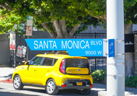 Street sign Santa Monica Blvd in Beverly Hills - LOS ANGELES - CALIFORNIA - APRIL 20, 2017のeditorial素材