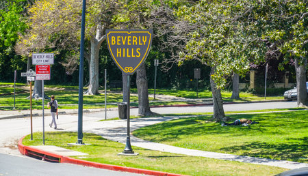 The famous Beverly Hills sign on Santa Monica Blvd - LOS ANGELES - CALIFORNIA - APRIL 20, 2017のeditorial素材