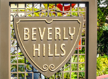Beverly Hills sign on the sidewalk - LOS ANGELES - CALIFORNIA - APRIL 20, 2017のeditorial素材