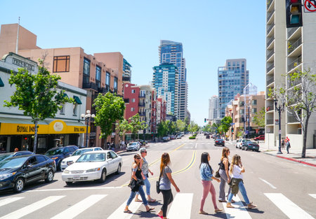 Typical San Diego Downtown street view - SAN DIEGO - CALIFORNIA - APRIL 21, 2017のeditorial素材