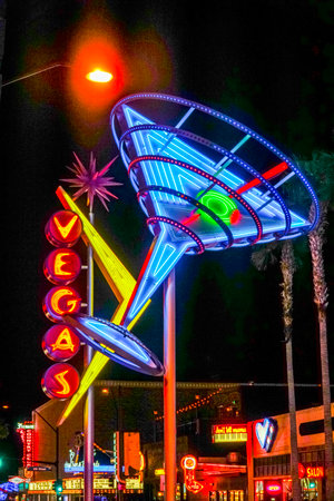 Downtown Las Vegas at night - Fremont street neon lights - LAS VEGAS - NEVADA - APRIL 23, 2017のeditorial素材