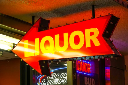 Liquor arrow sign in Las Vegas - LAS VEGAS - NEVADA - APRIL 23, 2017のeditorial素材