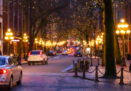 The old town of Vancouver at night - Gastown district - VANCOUVER / CANADA - APRIL 12, 2017のeditorial素材