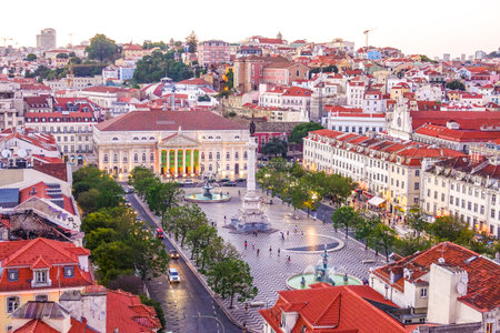 Aerial view over Dom Pedro Square in Lisbon Rossio with National Theater - LISBON - PORTUGAL - JUNE 17, 2017のeditorial素材