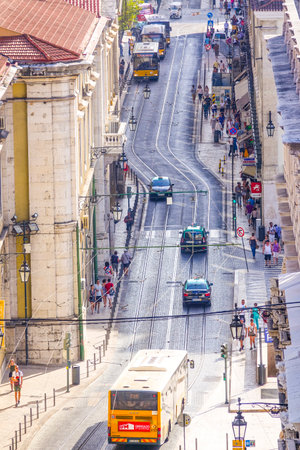Tram tracks in the streets of Lisbon - aerial view - LISBON - PORTUGAL - JUNE 17, 2017のeditorial素材