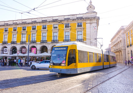 Modern tram in the city of Lisbon - LISBON, PORTUGAL 2017のeditorial素材