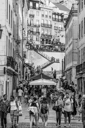 Amazing street view in the historic district of Lisbon - a busy place- LISBON / PORTUGAL - JUNE 17, 2017のeditorial素材