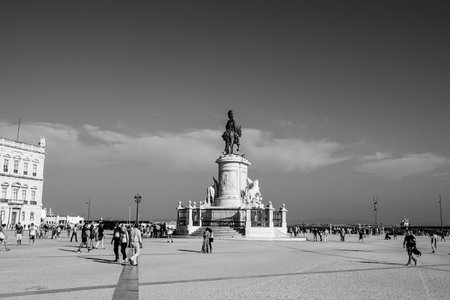 The Comercio Square in the city center of Lisbon with its statue - LISBON / PORTUGAL - JUNE 16, 2017のeditorial素材