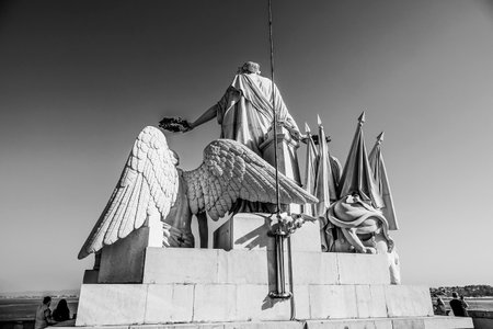 Beautiful statues on the top of famous Augusta Street Arch in Lisbon - LISBON / PORTUGAL - JUNE 17,...