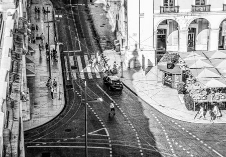 The streets of Lisbon with their tram tracks - LISBON / PORTUGAL - JUNE 17, 2017のeditorial素材