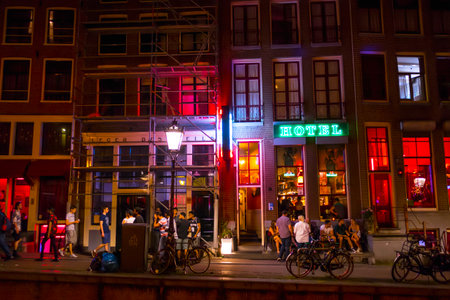 Colorful Amsterdam - the Red Light District at night - AMSTERDAM - THE NETHERLANDS - JULY 20, 2017のeditorial素材