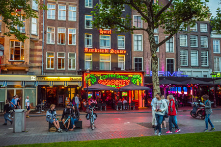 Coffeeshop and bar at Rembrandt Square in Amsterdamのeditorial素材