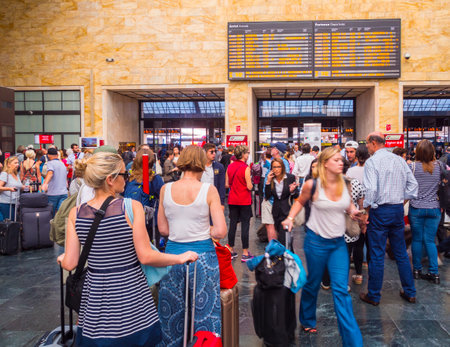 Passengers wait for departure at Florence Train Station - FLORENCE /TUSCANY ITALY - SEPTEMBER 13, 2017のeditorial素材