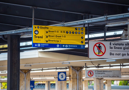 Direction signs on Pisa Central Station - PISA / TUSCANY ITALY - SEPTEMBER 13, 2017のeditorial素材